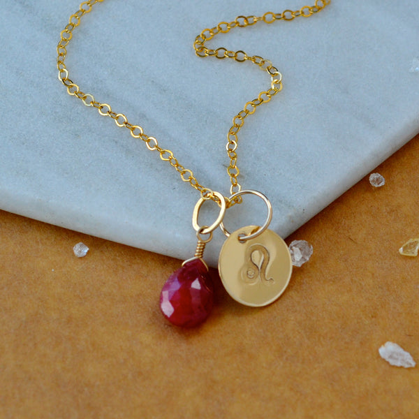 Leo charm zodiac sign charms astrology pendant zodiac charm gold filled on chain with july birthstone ruby