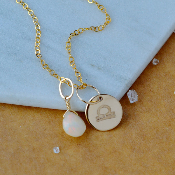 Libra charm zodiac sign charms astrology pendant zodiac charm gold filled on chain with october birthstone opal