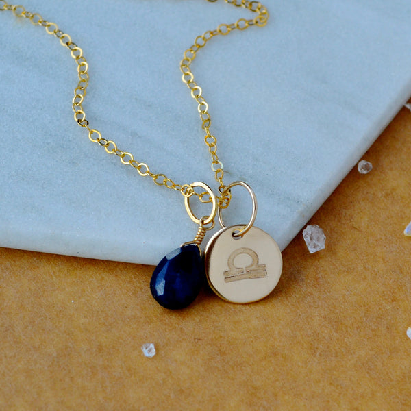 Libra charm zodiac sign charms astrology pendant zodiac charm gold filled on chain with september birthstone sapphire