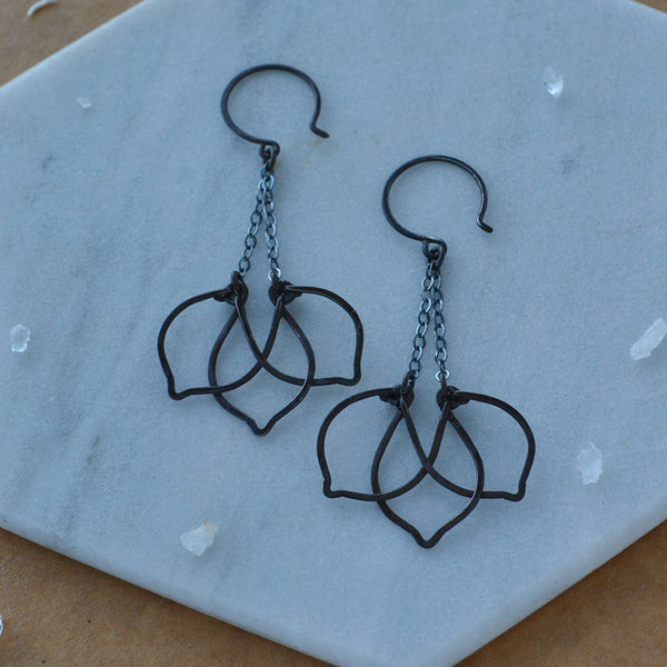 Lotus Earrings dangle earring with black flower charms handmade chandelier earrings lotus blossoms nickel free black oxidized silver