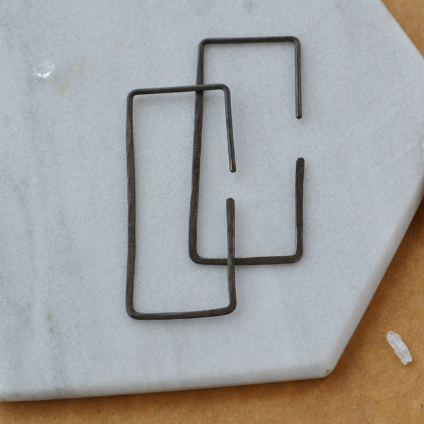 Mast Hoop Earrings rectangle threader hoops handmade hammered hoops  modern geometric jewelry nickel free lack oxidized silver medium
