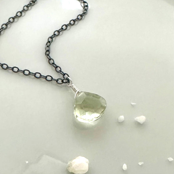 Ambergris necklace green amethyst gemstone necklace handmade gem pendant light green stone necklace simple gem charm prasiolite black silver necklace