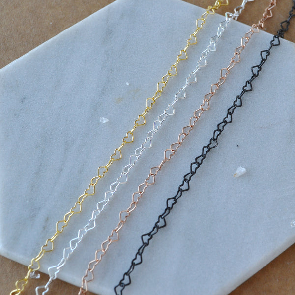 Open Heart Chain tiny heart link chain anklet bracelet necklace handmade custom chains heart jewelry sustainable nickel free rose gold filled oxidized sterling silver black hearts jewelry