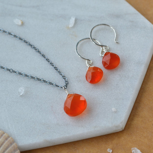 Persimmon Earrings - carnelian earrings with red orange gemstone drops