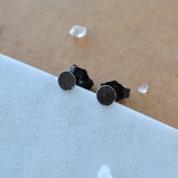 Petite Speckle Stud Earrings hammered disc earring handmade dappled coin ear ring pounded metal studs nickel free black oxidized silver