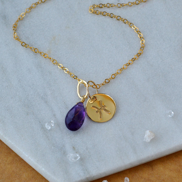 Pisces charm zodiac sign charms astrology pendant zodiac charm gold filled on chain with birthstone amethyst february