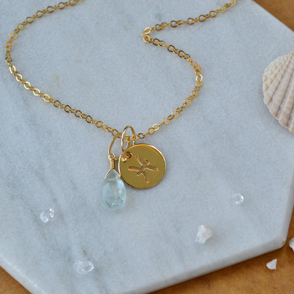 Pisces charm zodiac sign charms astrology pendant zodiac charm gold filled on chain with birthstone aquamarine march