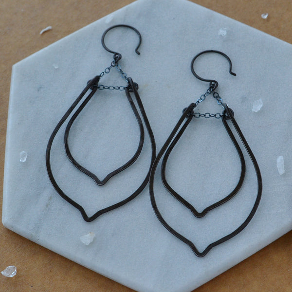 Rope Swing Earrings leaf shape chandelier dangle earring handmade hammered ear rings statement jewelry nickel free black oxidized silver