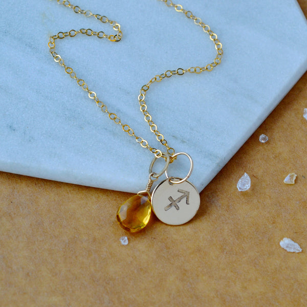 Sagittarius  charm zodiac sign charms astrology pendant zodiac charm gold filled on chain with november birthstone citrine