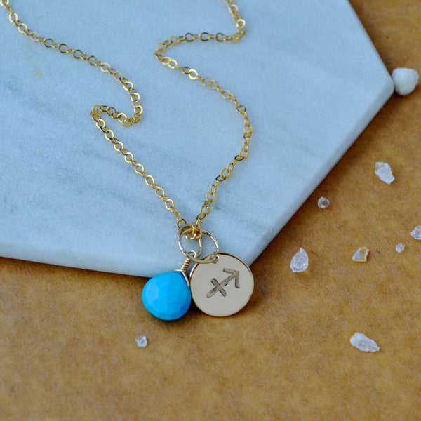 Sagittarius  charm zodiac sign charms astrology pendant zodiac charm gold filled on chain with december birthstone turquoise