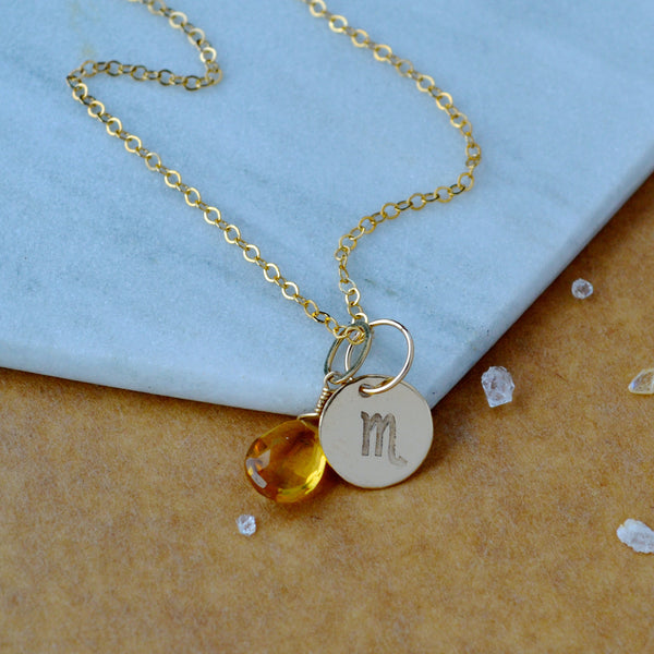 Scorpio charm zodiac sign charms astrology pendant zodiac charm gold filled on chain with november birthstone citrine