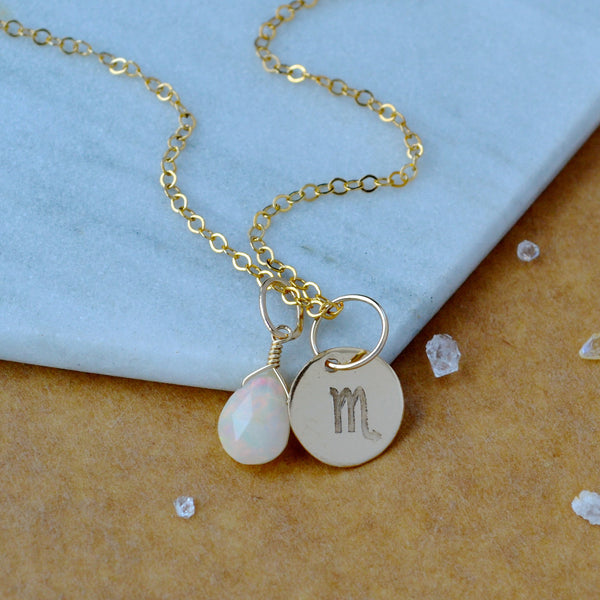Scorpio charm zodiac sign charms astrology pendant zodiac charm gold filled on chain with october birthstone opal
