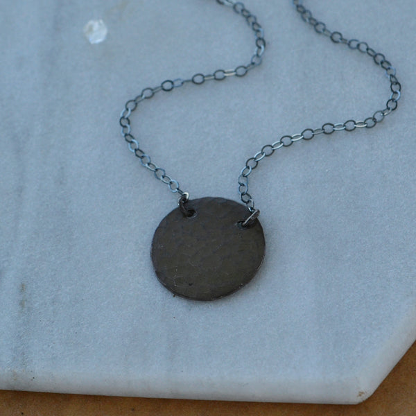 Speckle Necklace hammered disc necklaces pounded metal medallion pendant necklaces circle pendants black charms jewelry nickel free black oxidized silver handmade delicate layering jewelry