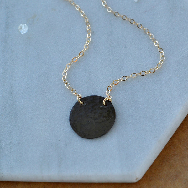 Speckle Necklace hammered disc necklaces pounded metal medallion pendant necklaces circle pendants black charms jewelry nickel free mixed metals gold filled black oxidized silver handmade delicate layering jewelry