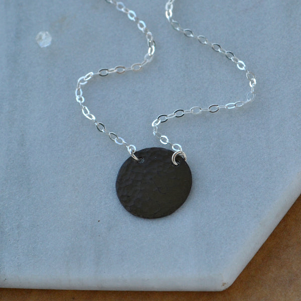 Speckle Necklace hammered disc necklaces pounded metal medallion pendant necklaces circle pendants black charms jewelry nickel free mixed metals black oxidized silver handmade delicate layering jewelry