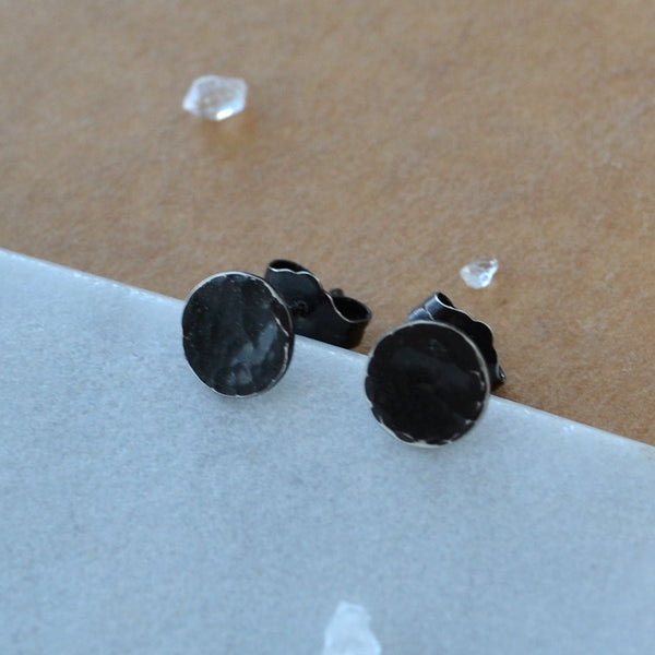 Speckle Stud Earrings black post earring dappled disc ear ring hammered coin earrings pounded metal studs oxidized silver nickel free