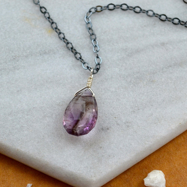 Starbuck necklace moss amethyst gemstone necklace handmade gem pendant purple stone necklace simple gem charm moss amethyst silver black necklace