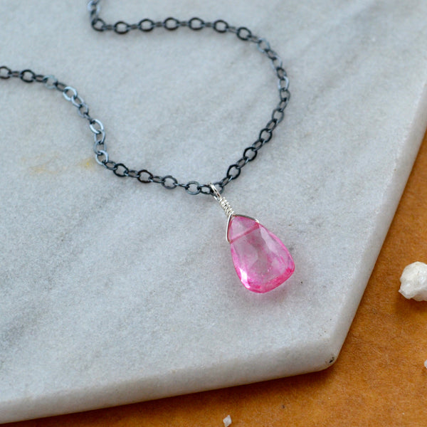 Sunset necklace bright pink topaz necklace topaz dainty necklace sustainable jewelry gemstone necklace handmade pink topaz gem necklace oxidized silver sustainable jewelry