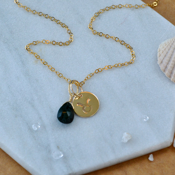 Taurus charm zodiac sign charms astrology pendant zodiac charm gold filled on chain with may birthstone emerald