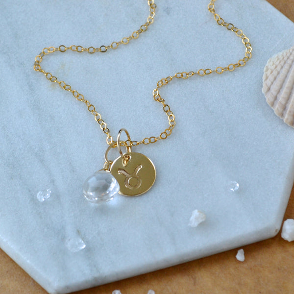 Taurus charm zodiac sign charms astrology pendant zodiac charm gold filled on chain with birthstone april white topaz