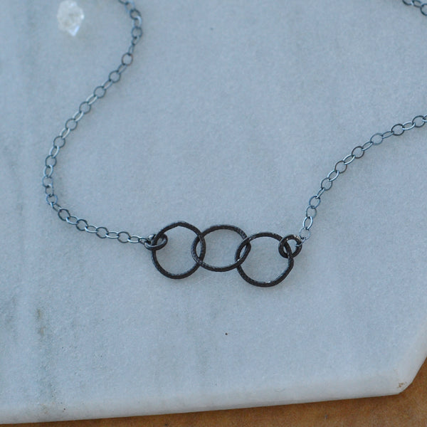 Trio Necklace linked circle necklaces ha triple circle pendant necklaces circle pendants black charms jewelry nickel free  black oxidized silver handmade delicate layering jewelry