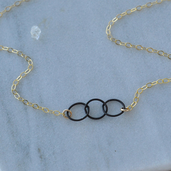 Trio Necklace linked circle necklaces ha triple circle pendant necklaces circle pendants black charms jewelry nickel free mixed metals gold filled black oxidized silver handmade delicate layering jewelry