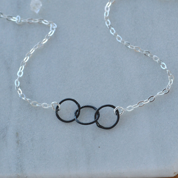 Trio Necklace linked circle necklaces ha triple circle pendant necklaces circle pendants black charms jewelry nickel free mixed metals black oxidized silver handmade delicate layering jewelry