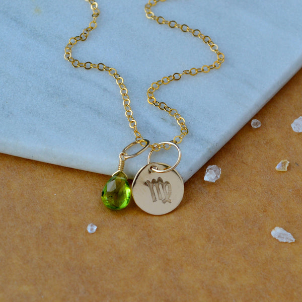 Virgo charm zodiac sign charms astrology pendant zodiac charm gold filled on chain with august birthstone peridot