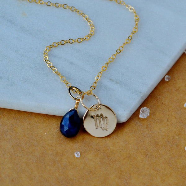 Virgo charm zodiac sign charms astrology pendant zodiac charm gold filled on chain with september birthstone sapphire