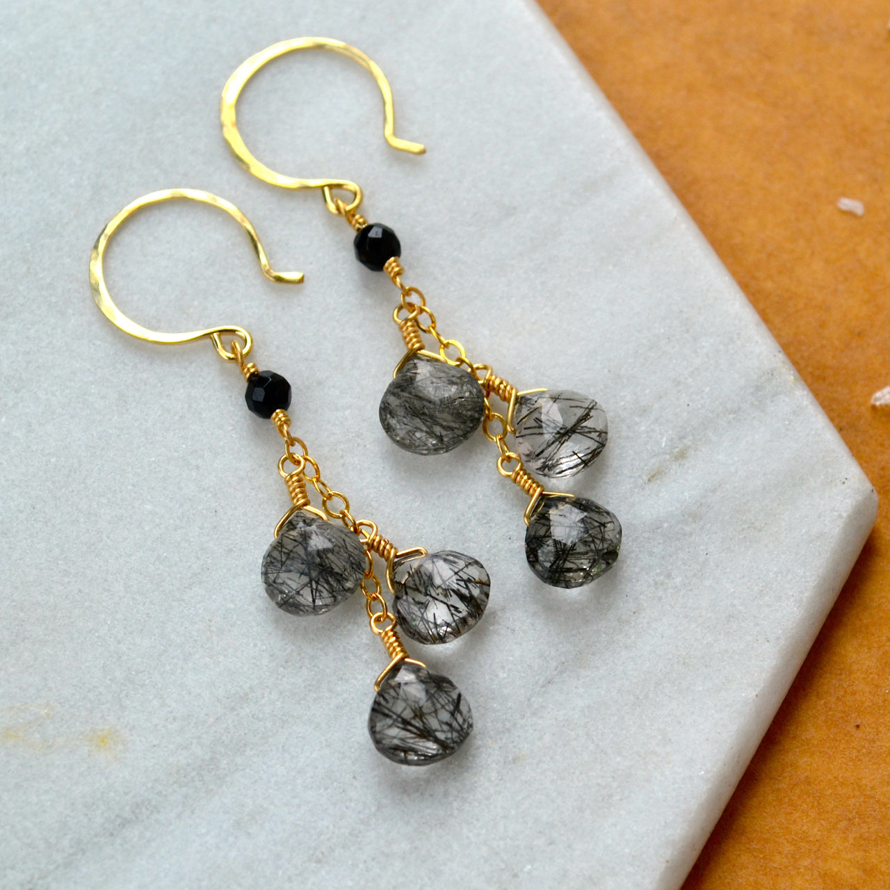 black sands earrings tourmalinated quartz gemstone earring dangles rutilated quartz long earrings handmade black and white ear ring gold