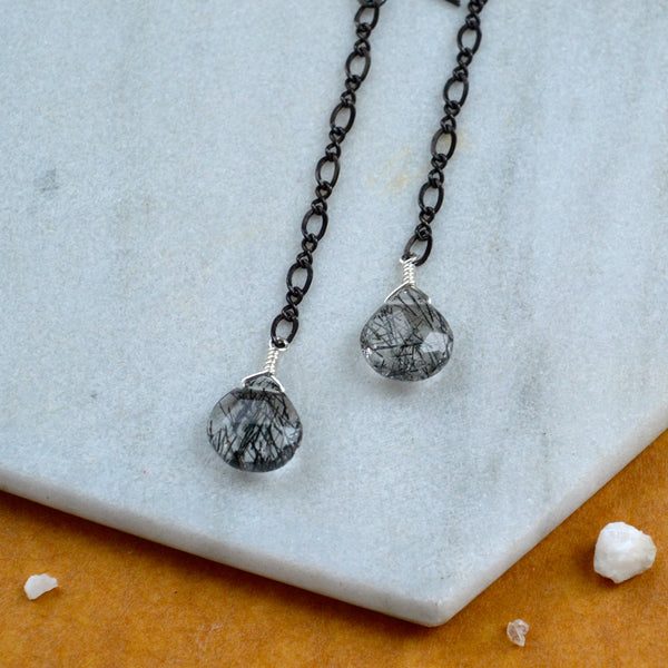 black sea dangle earrings oxidized silver gemstone earring black gem ear rings tourmalinated quartz rutilated black silver sustainable jewelry