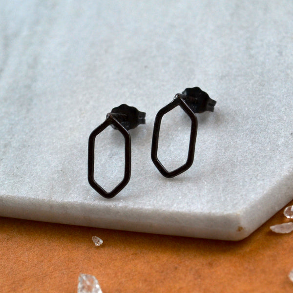 boardwalk stud earrings open hexagon post earring basic studs simple post earring nickel free earrings black silver long hexagon studs black post earring