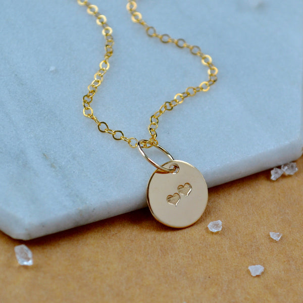Double Hearts Charm small disc charms with two hearts add a charm necklace sustainable jewelry 14K gold