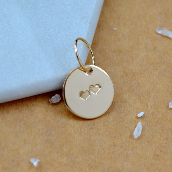 Double Hearts Charm small disc charms with two hearts add a charm necklace sustainable jewelry gold filled