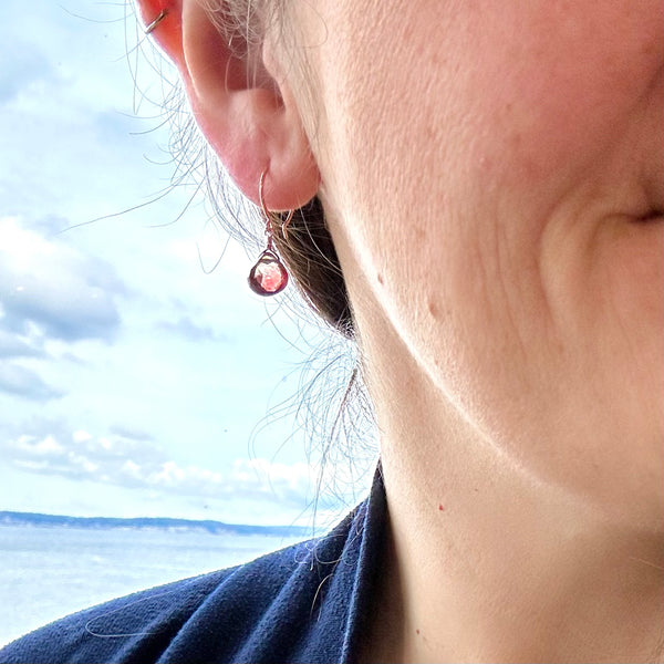 eclipse red earrings handmade andalusite earring gemstone simple ear rings rose gold fill sustainable jewelry on model