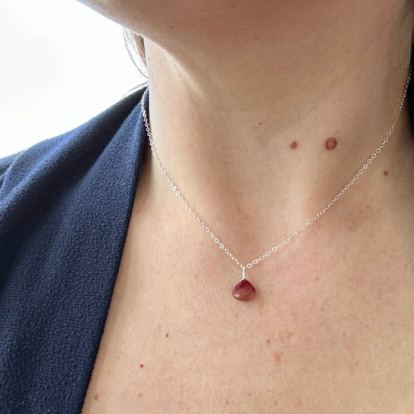 eclipse red necklace handmade andalusite necklace red gemstone jewelry gold fill sustainable jewelry on model