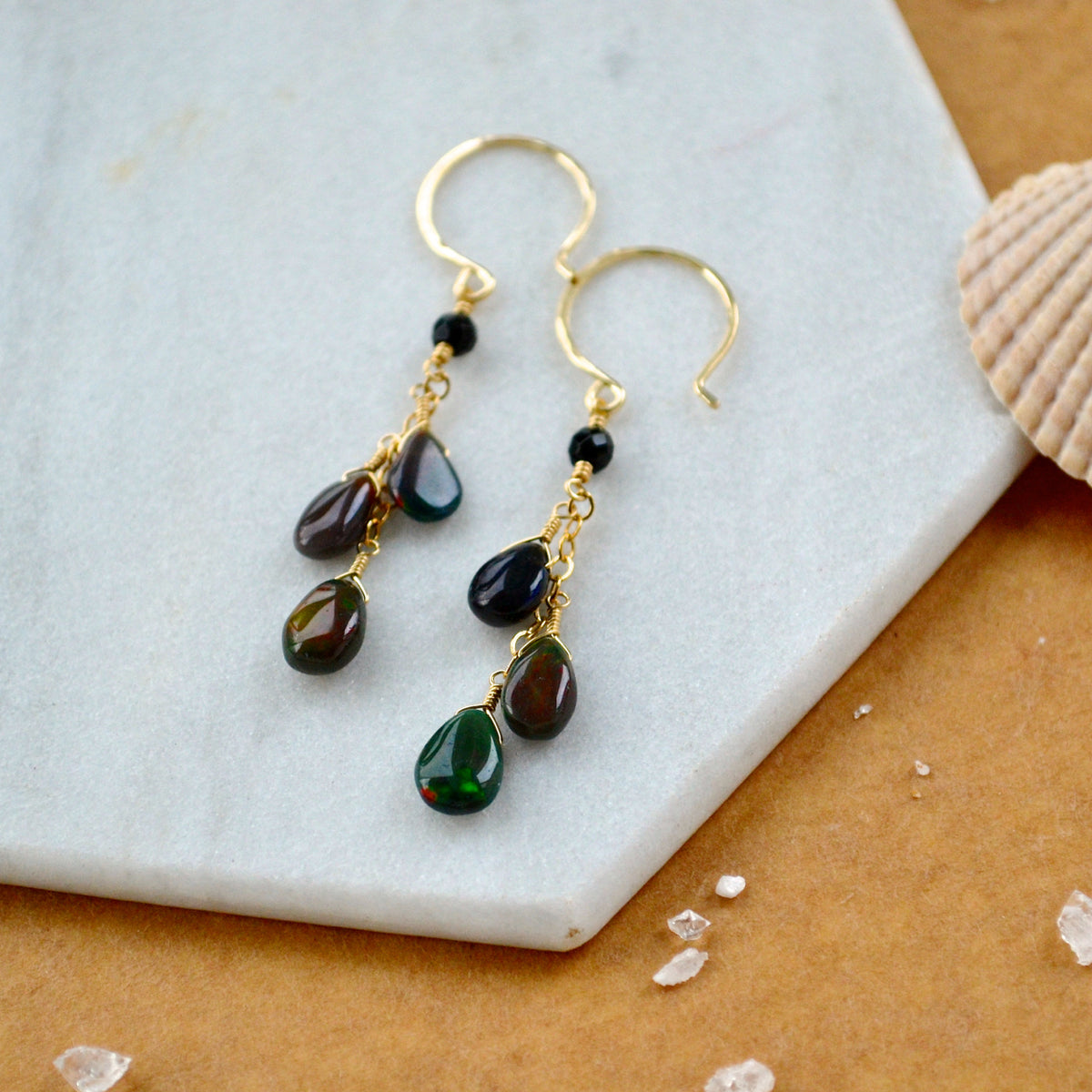 Ember Earrings fiery black opal gemstone dangle tendrils earrings