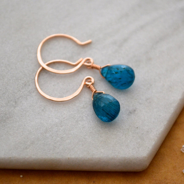 Lagoon Earrings: Neon Blue Apatite Earrings Gemstone Earrings Sustainable Jewelry rose Gold-Filled Earrings Handmade Gemstone Drop Earrings with Stones