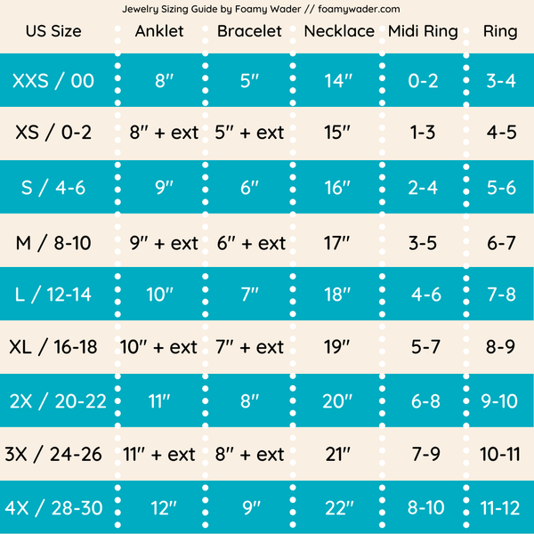 jewelry sizing guide by Foamy Wader handmade jewelry plus size jewelry custom sizing