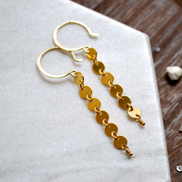 pieces of eight earrings gold dangle earring handmade circle chain ear rings simple jewelry sustainable earrings