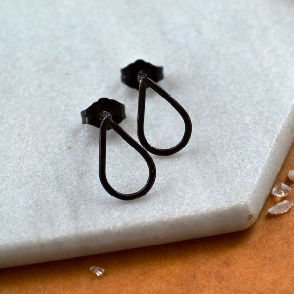 the point stud earrings open teardrop post earring basic studs simple post earring nickel free earrings black silver long tear drop studs black post earring