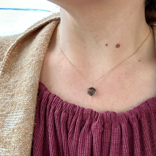 wayfinder necklace handmade gemstone necklace black stone simple gem necklace gold filled sustainable jewelry on model