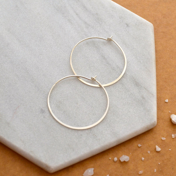 Simplicity Hoop Earrings - round flat matte classic one inch 14K Gold hoops - Foamy Wader