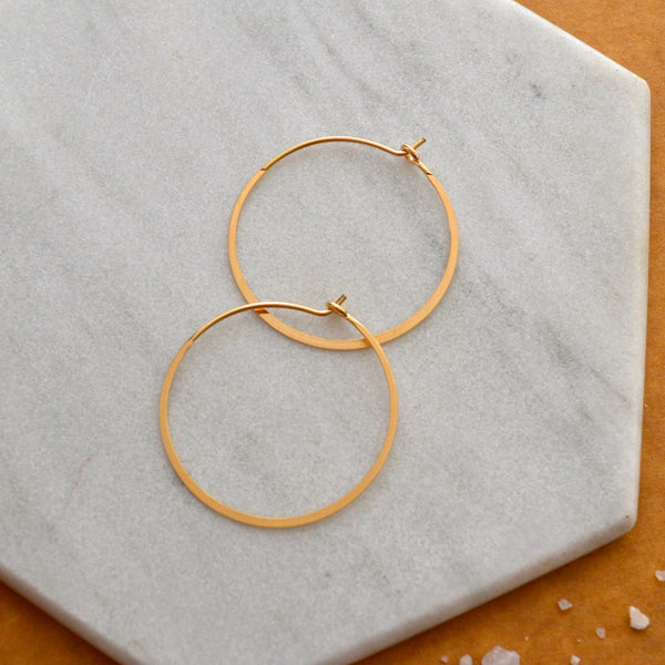 Simplicity Hoop Earrings - round flat matte classic one inch 14K Gold hoops - Foamy Wader