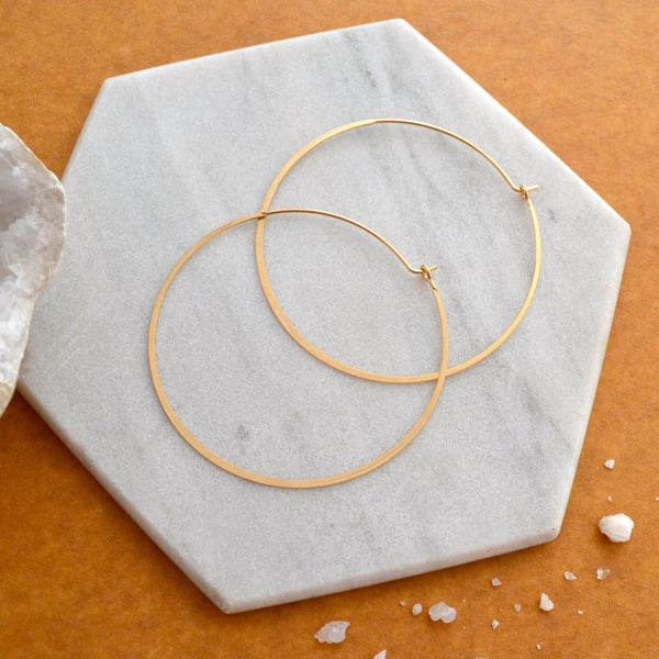 Simplicity Hoop Earrings - round flat matte classic large 14K Gold hoops - Foamy Wader