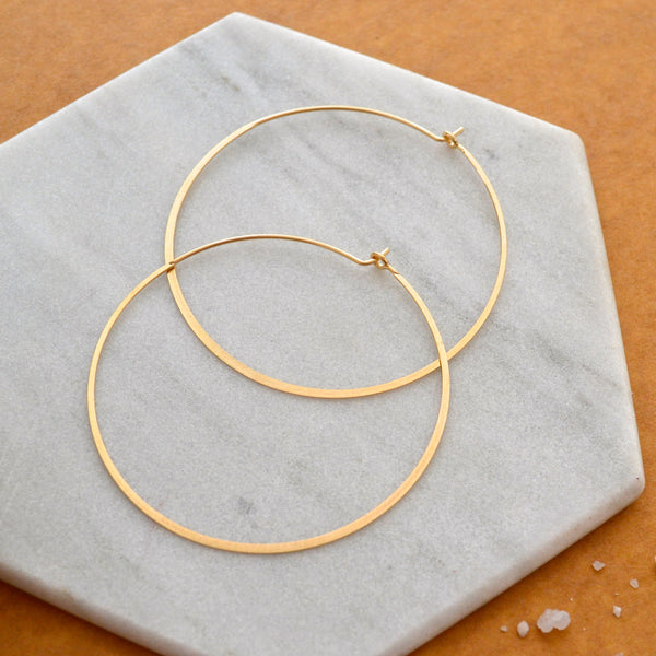 Simplicity Hoop Earrings - round flat matte classic large 14K Gold hoops - Foamy Wader