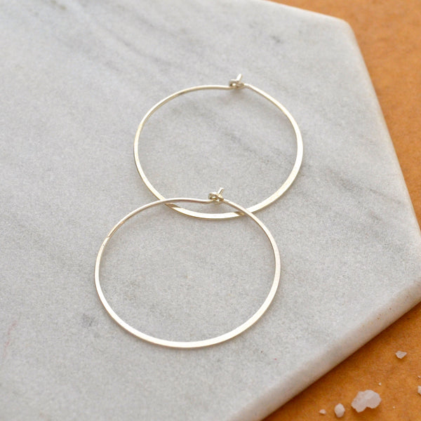 Simplicity Hoop Earrings - round flat matte classic one inch 14K Gold hoops - Foamy Wader