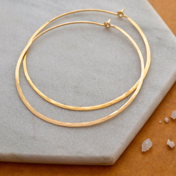 Sliver Hoop Earrings - handmade hammered lightweight large 14K Gold hoops - Foamy Wader