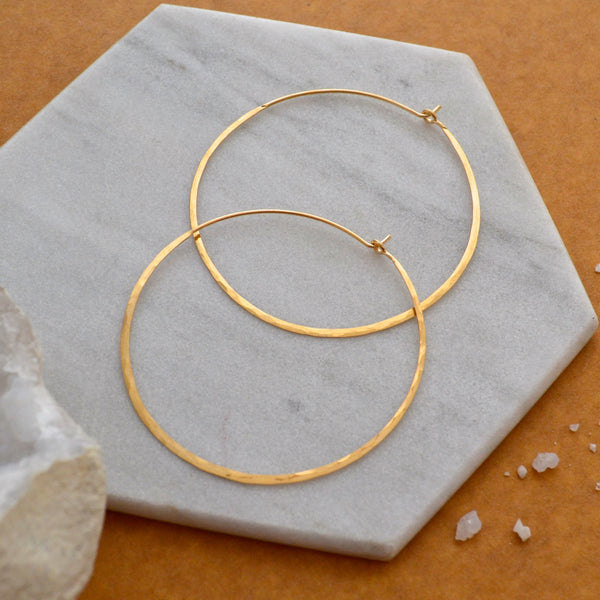 Sliver Hoop Earrings - handmade hammered lightweight large 14K Gold hoops - Foamy Wader