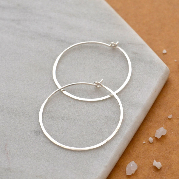 Sliver Hoop Earrings - handmade hammered lightweight one inch hoops - Foamy Wader